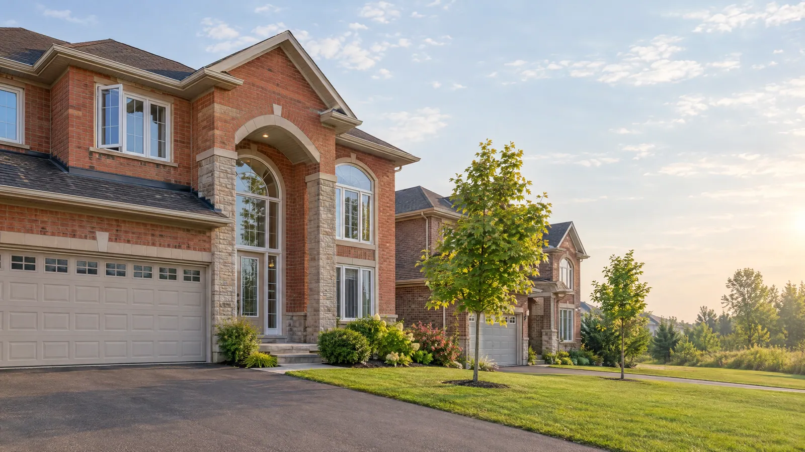 Two-storey brick and stone homes with arched transom windows over the entry, a double garage and young trees in low evening sun