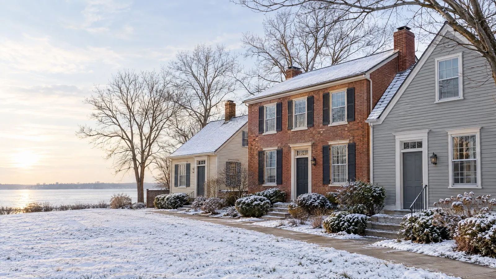 Snow-dusted street of 19th-century clapboard cottages and a brick house, each with six-over-six wood double-hung windows
