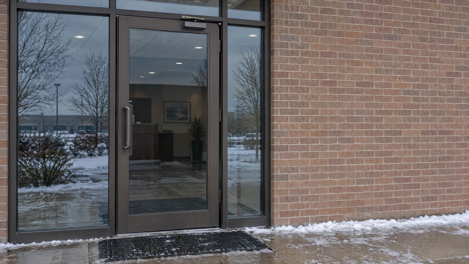 Bronze aluminium-and-glass office door hanging slightly out of line in its frame, with a visible gap at the top corner and wet pavement outside