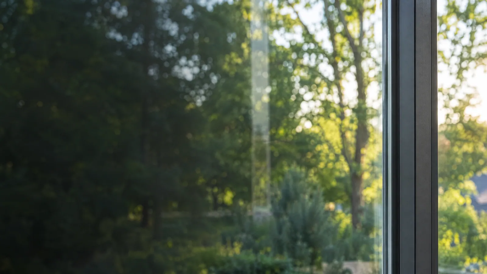 Soft-focus green summer trees through a clear window pane beside a dark frame