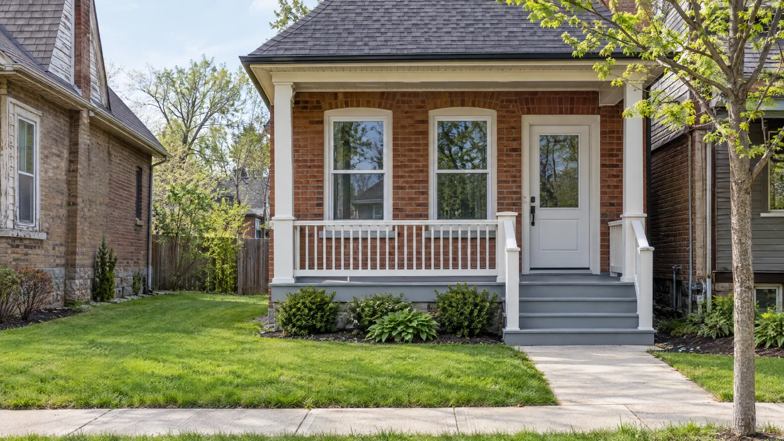 Red-brick cottage with two renewed front windows, a white half-glass front door and a rebuilt porch with white railings