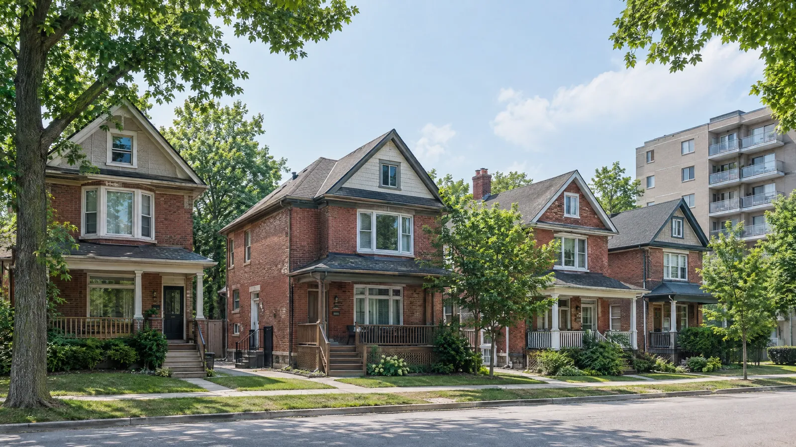 Shaded summer street of early-1900s brick houses with front porches, and a plain mid-rise apartment building behind them