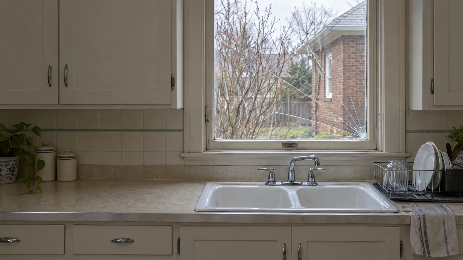 Wood-framed kitchen window over a white double sink, its single pane cracked in a starburst from a small impact near the lower corner