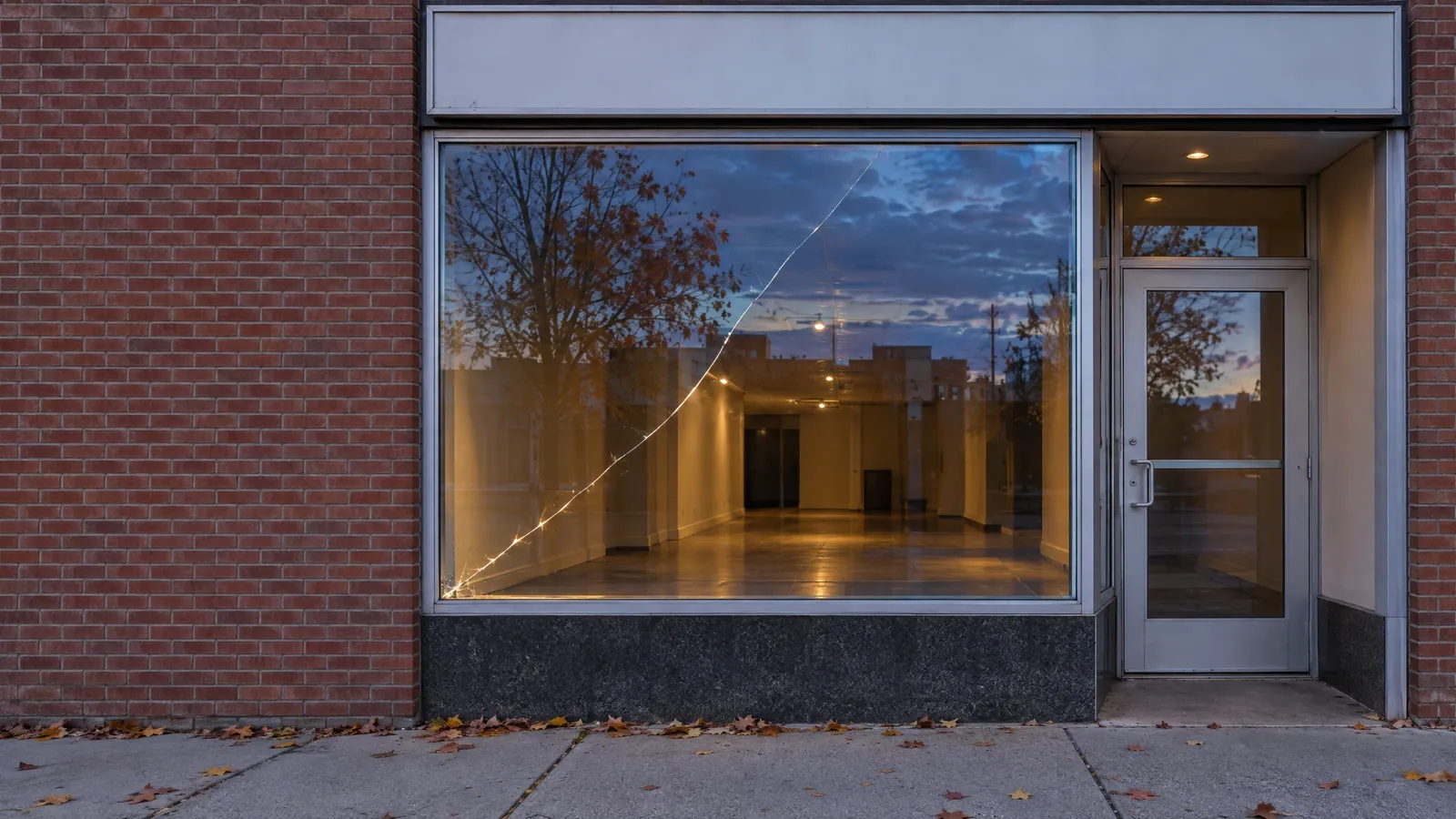 1920s brick storefront at dusk with a long crack running across one large display window, fallen leaves on the sidewalk