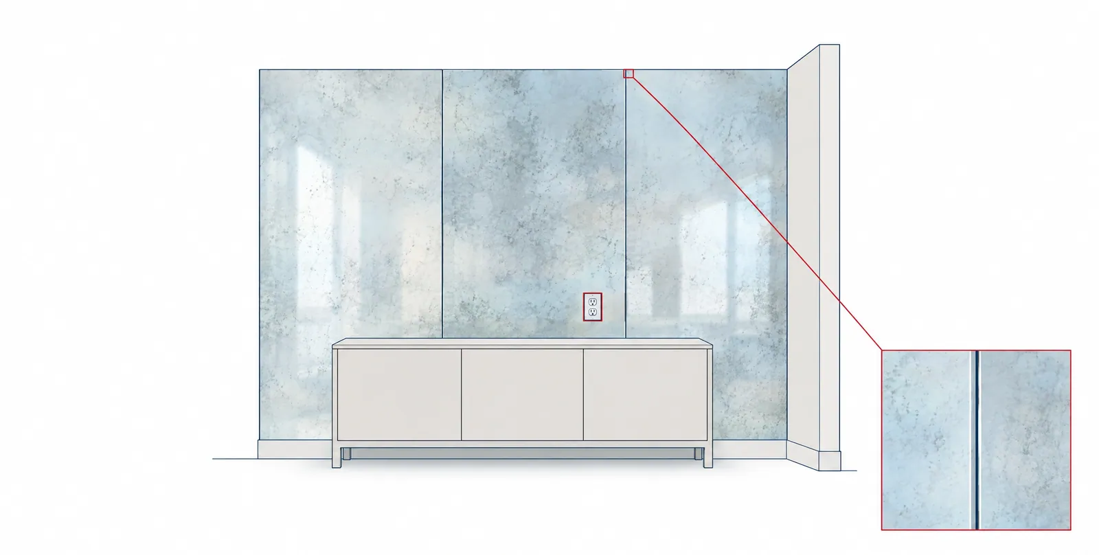 Antiqued mirror wall made of three tall panels with a cut-out around an electrical outlet, and an inset close-up of a panel seam