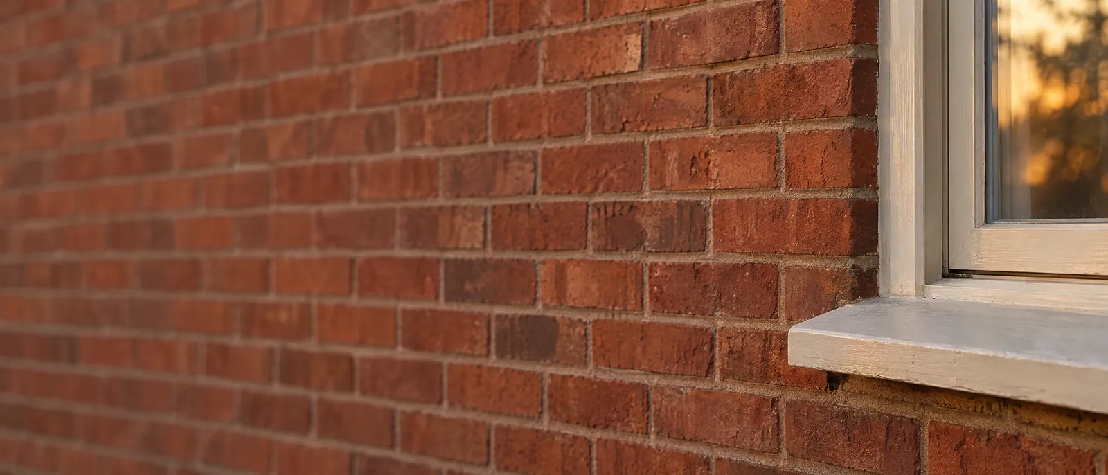 Warm evening light raking across an old red-brick wall, with the edge of a wood window sill at the right