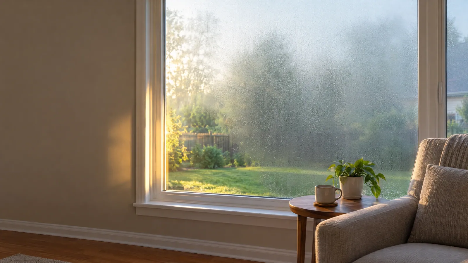 Living room picture window on a summer morning, dew fogging the outside of the glass so the green yard looks blurred