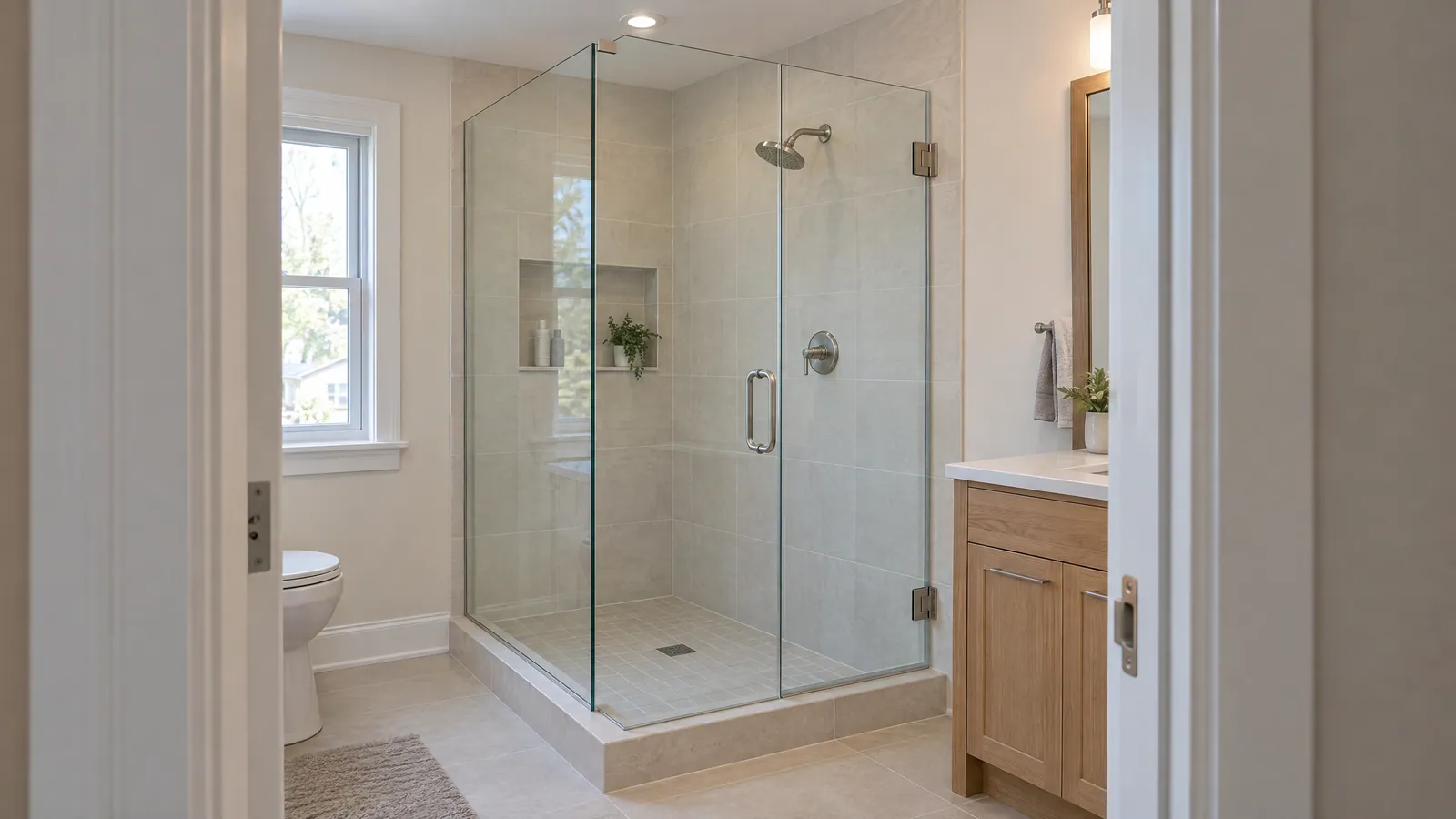 Frameless clear glass corner shower on a tiled curb, seen through an open bathroom doorway
