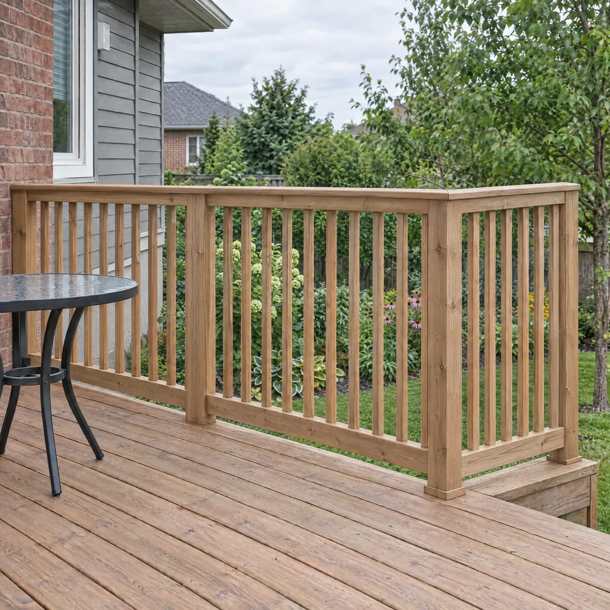 Wood deck with a traditional wood picket railing, garden beyond