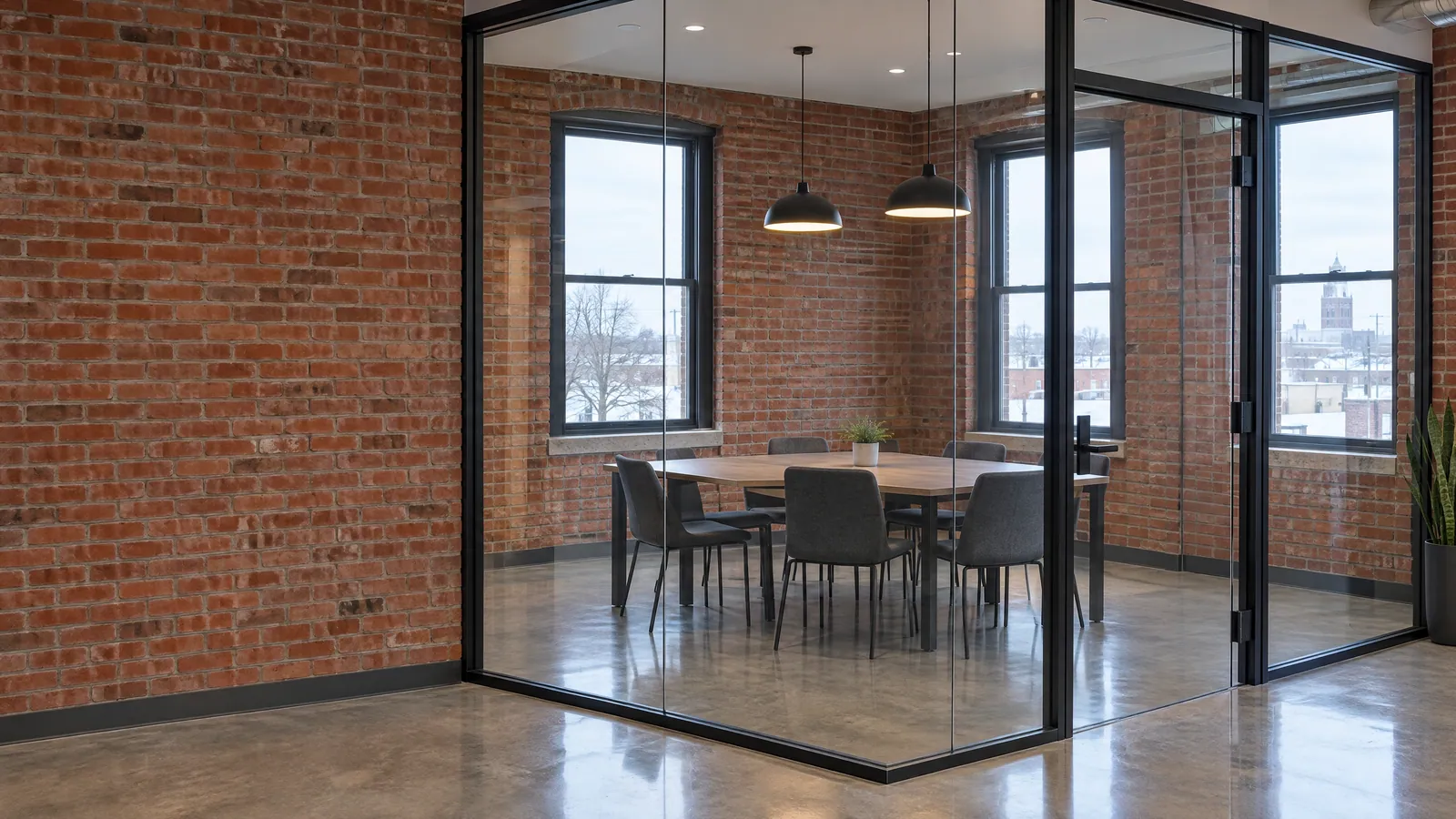Office inside an older brick building with black-framed glass partitions and a glass door enclosing a meeting room