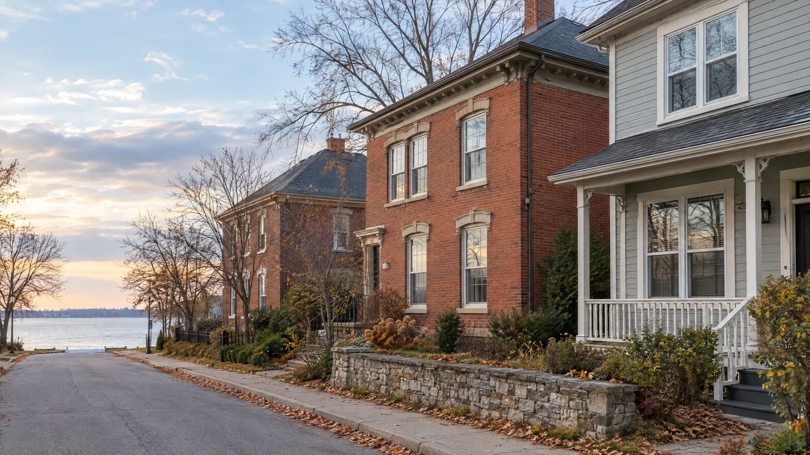 Older red-brick houses with tall two-over-two wood sash windows beside a grey frame house with a white verandah, the river in the distance at dusk