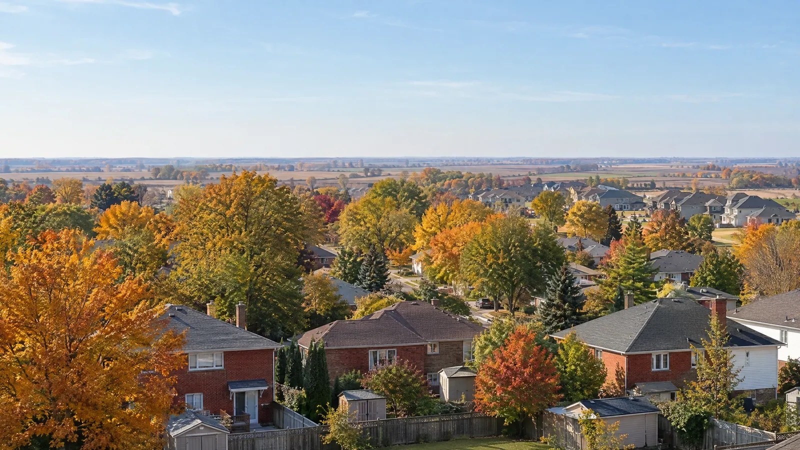 Autumn view over brick houses and mature trees, with newer subdivisions and farmland beyond
