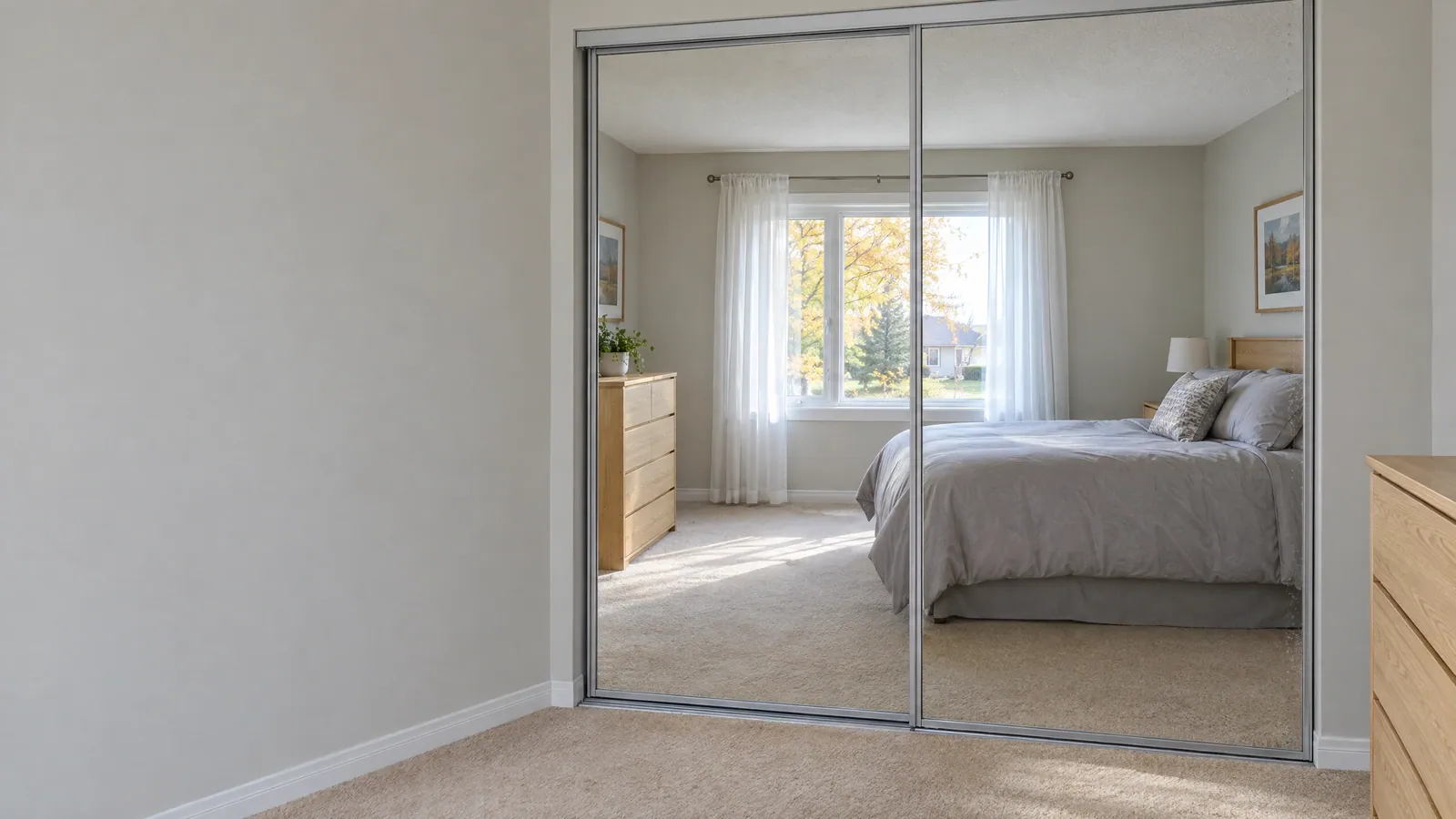 Bedroom with floor-to-ceiling mirrored sliding closet doors reflecting a bright window and a made bed