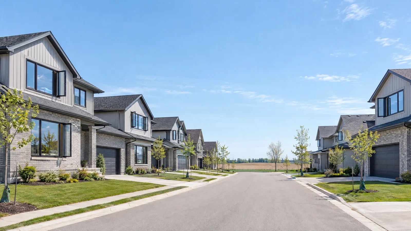Row of newer grey brick and board-and-batten homes with large black-framed windows along a wide, flat street with young trees and fields at the end