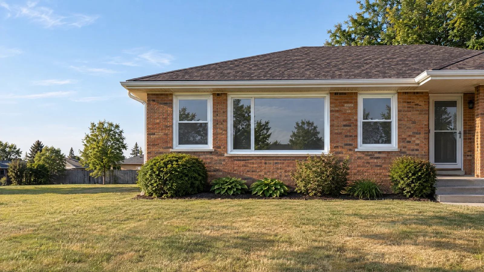 1960s brick ranch bungalow, its new white vinyl windows lit by hot late-afternoon sun