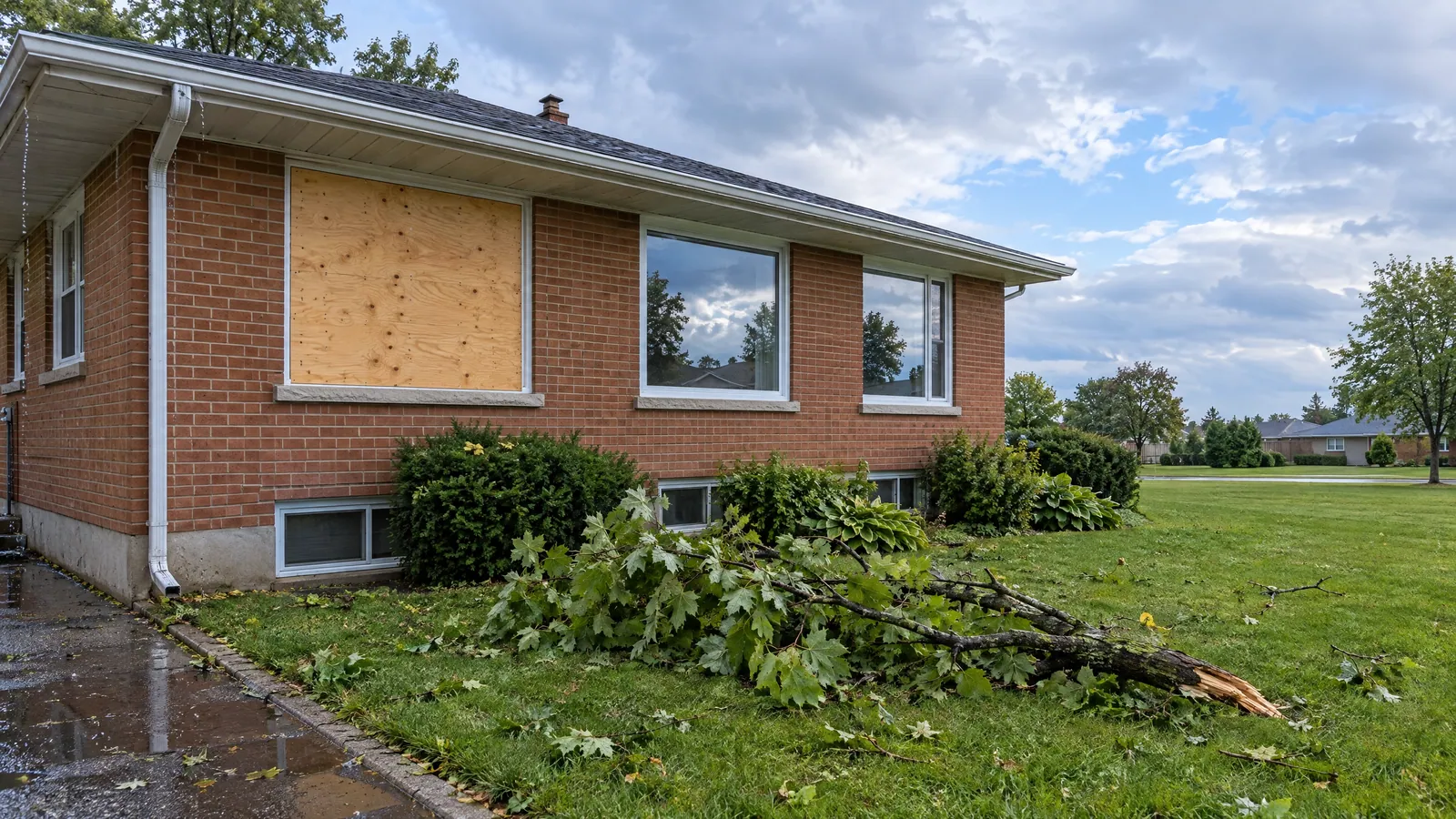 Red-brick bungalow with one front window covered in plywood and a broken maple limb lying on the wet lawn under a clearing storm sky