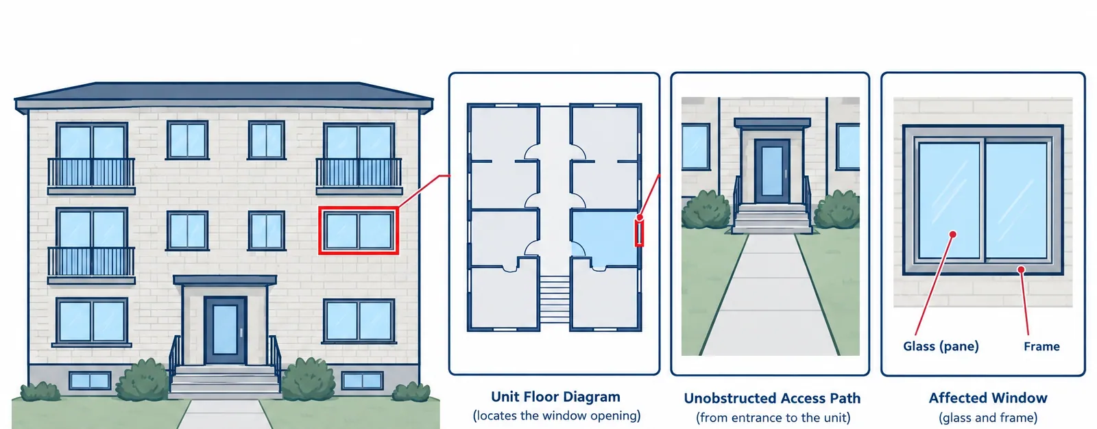 Diagram of the four things a property manager lines up for a unit window repair: the unit location, access, the window itself and the schedule