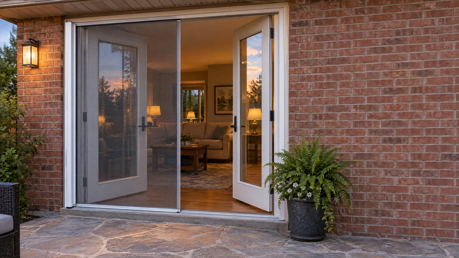 Garden doors open onto a stone patio at dusk, a grey retractable screen drawn across the left half