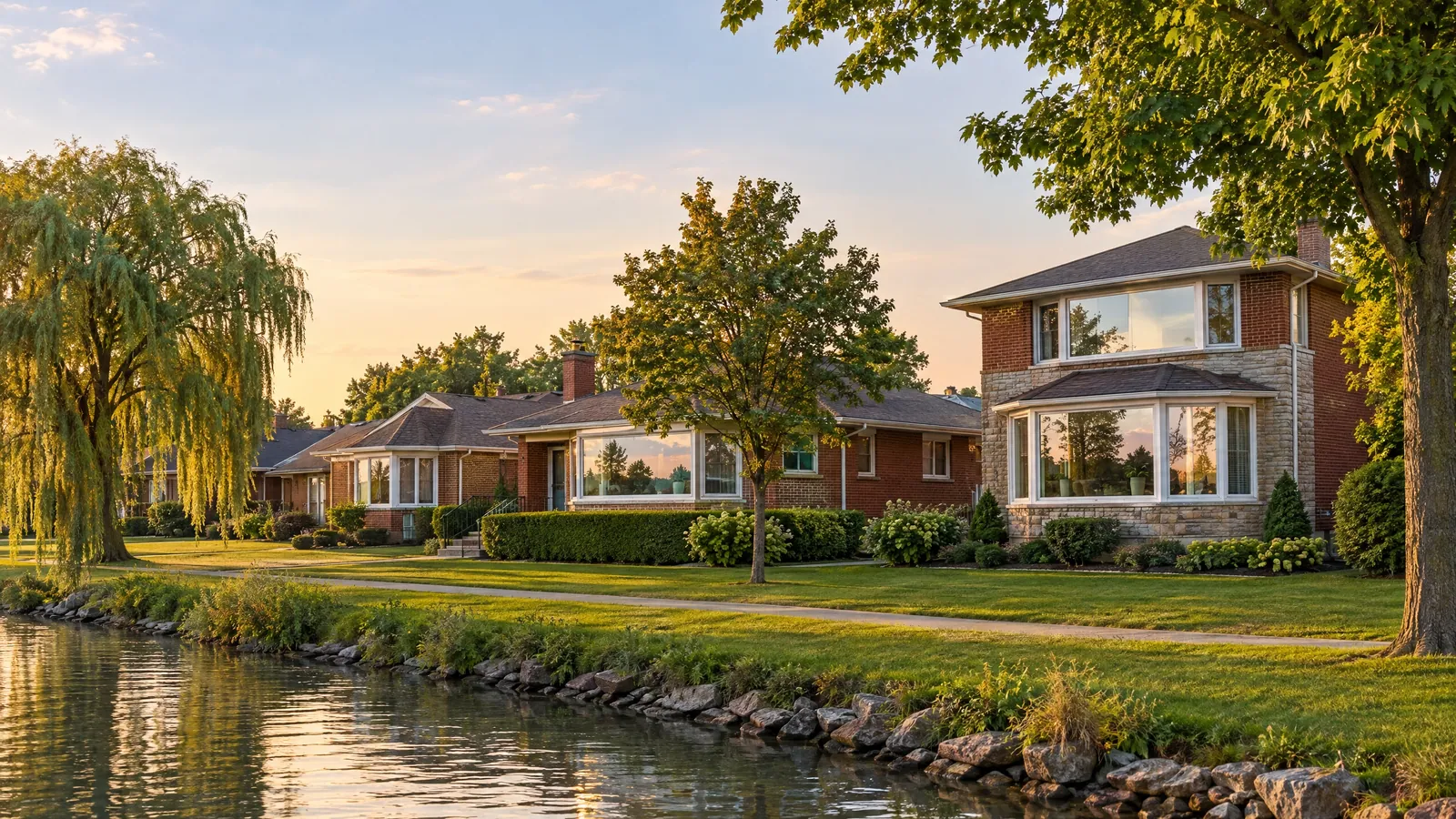 Evening street of brick bungalows and a two-storey house with large picture windows, beside a park near the river