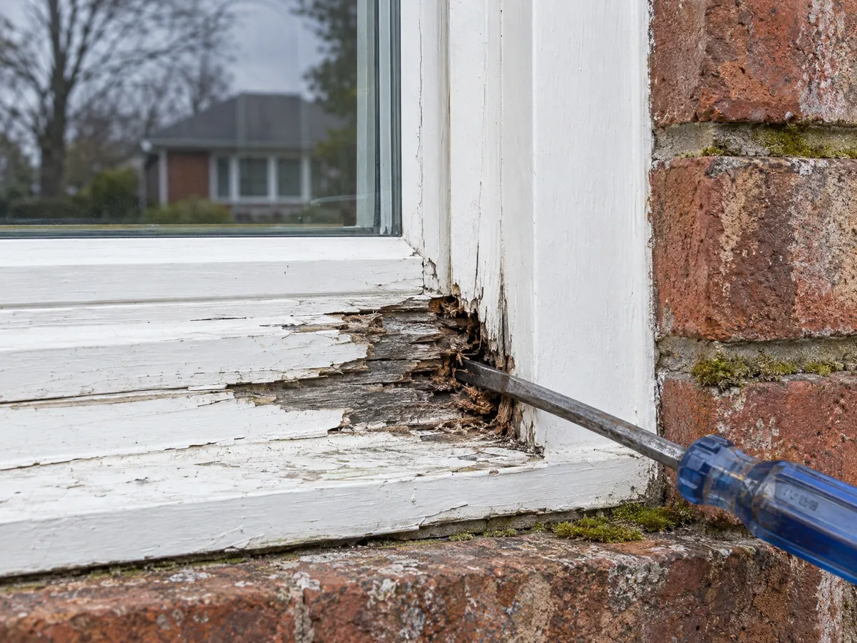 Screwdriver sunk into the crumbling corner of a painted wood window sill against brick, with the jamb beside it still solid