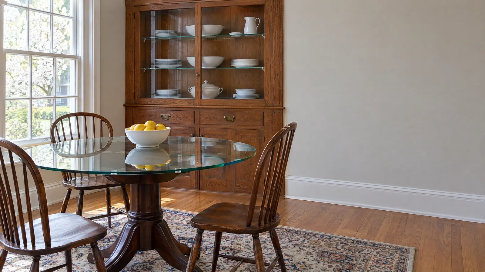Dining room with a round clear glass top on a wooden pedestal base, and glass shelves inside a china cabinet behind it