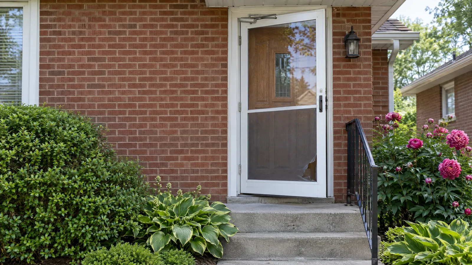 White aluminium storm door on a brick house, sitting slightly out of square in its frame, glass above and a torn screen panel below