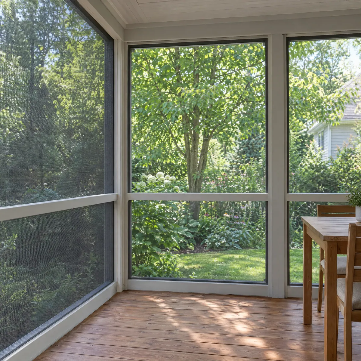 Screened porch with intact mesh bays, wood floor and a small table