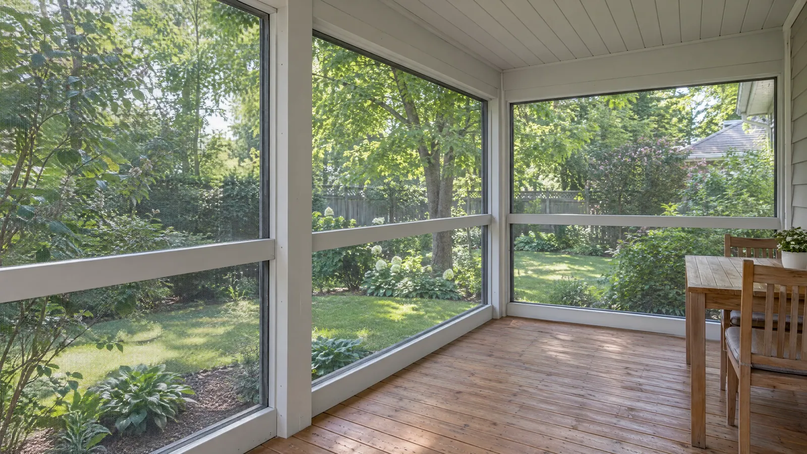 The same porch with taut new mesh in every bay and a small table on the wood floor