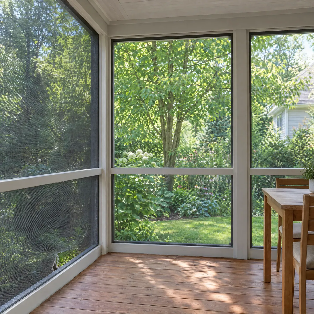 Screened porch with a torn mesh panel low in the left bay