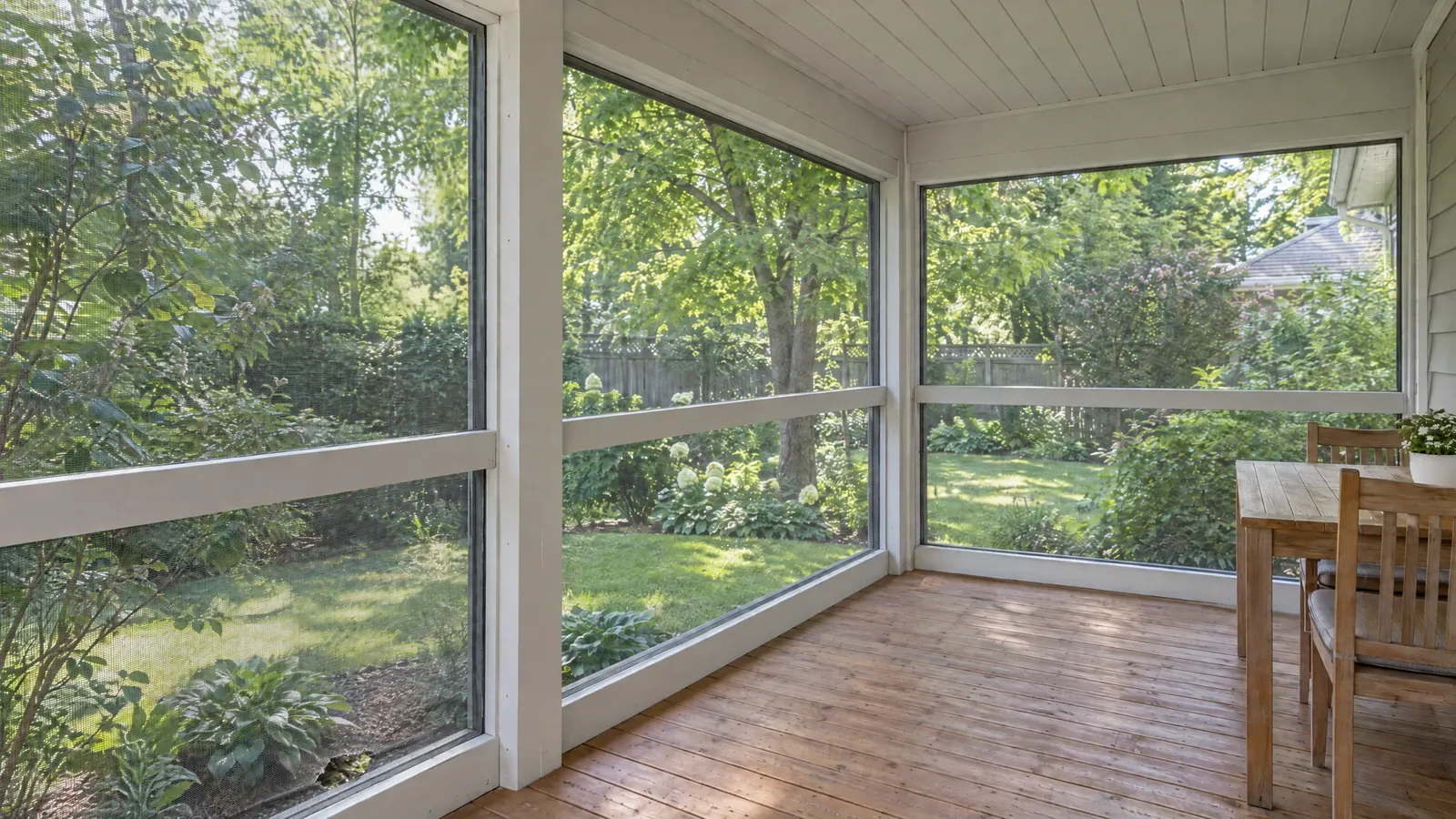 Screened porch with white-framed bays and a wood floor, the mesh torn open low in the left-hand bay