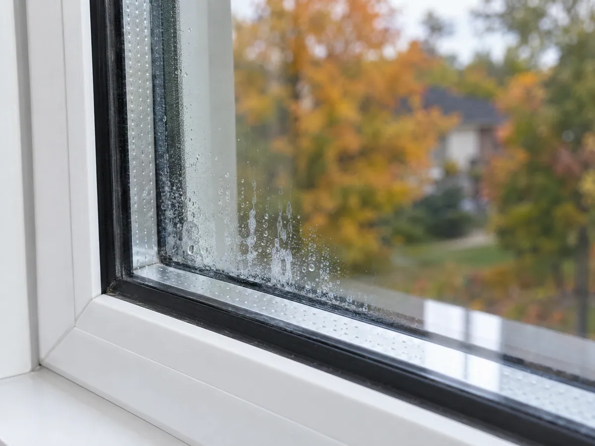 Bottom corner of a sealed unit with droplets and chalky white residue trapped between the panes along the spacer