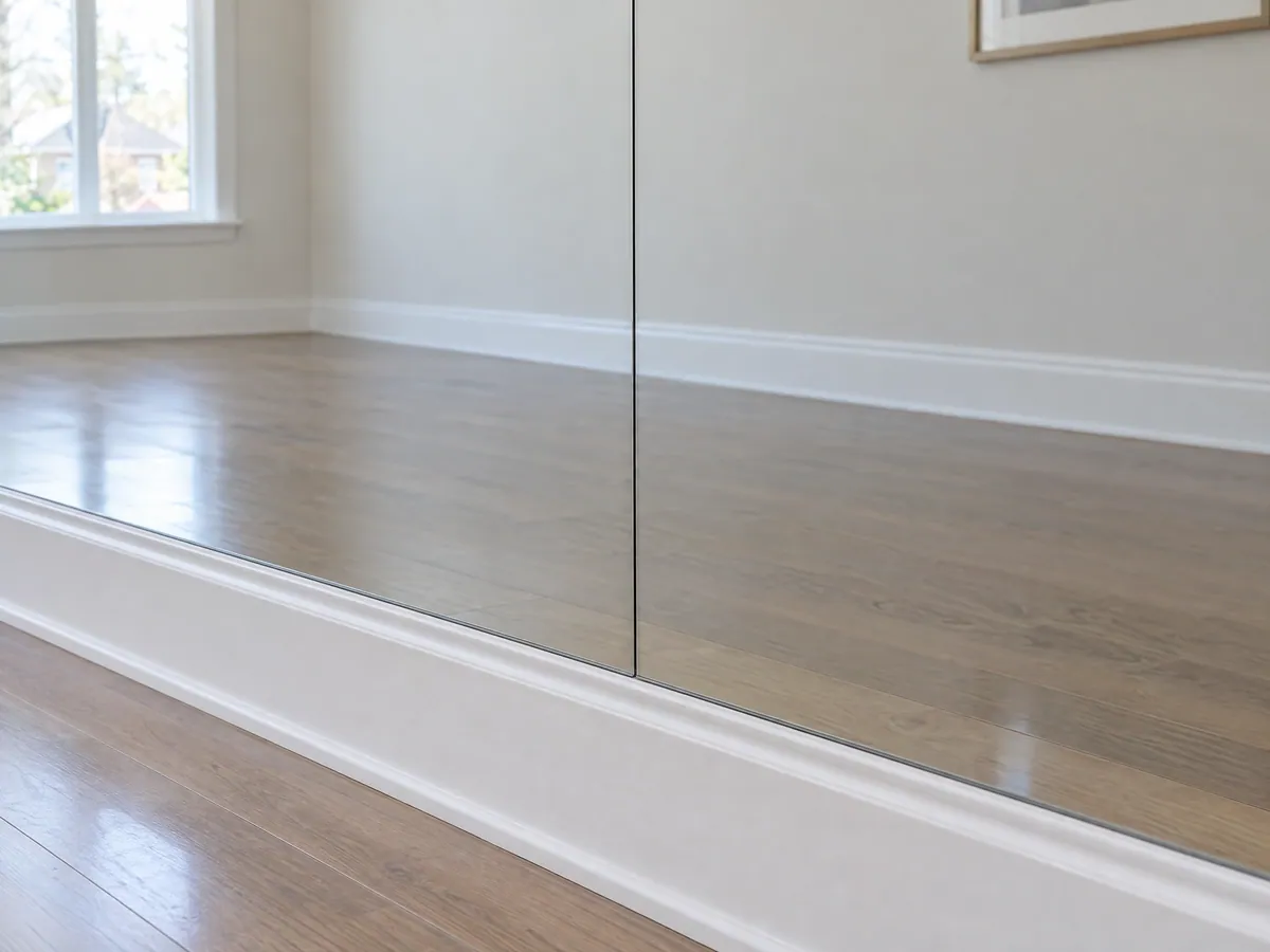 Close-up of a tight, straight seam where two wall mirror panels meet just above a white baseboard