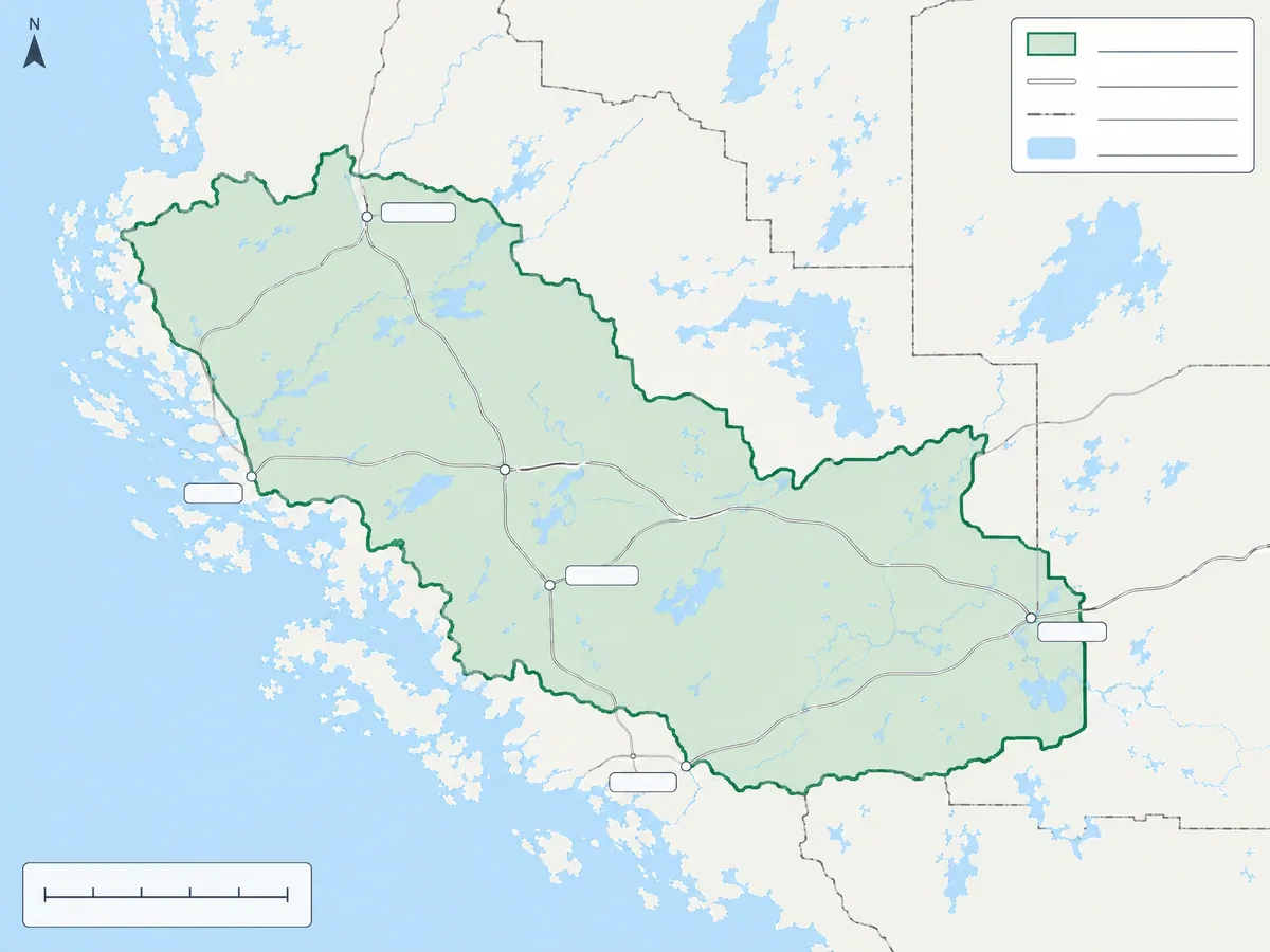 Map-style illustration of a shaded service area crossed by highways, with lakes along its edges and markers for the towns