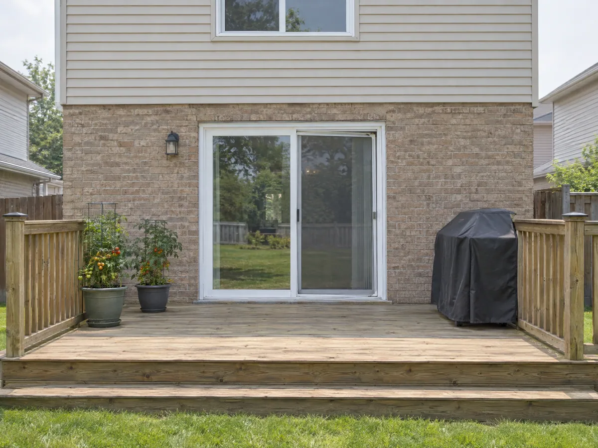 Back of a 1990s brick and vinyl-sided house in summer, with a white sliding patio door open onto a wood deck