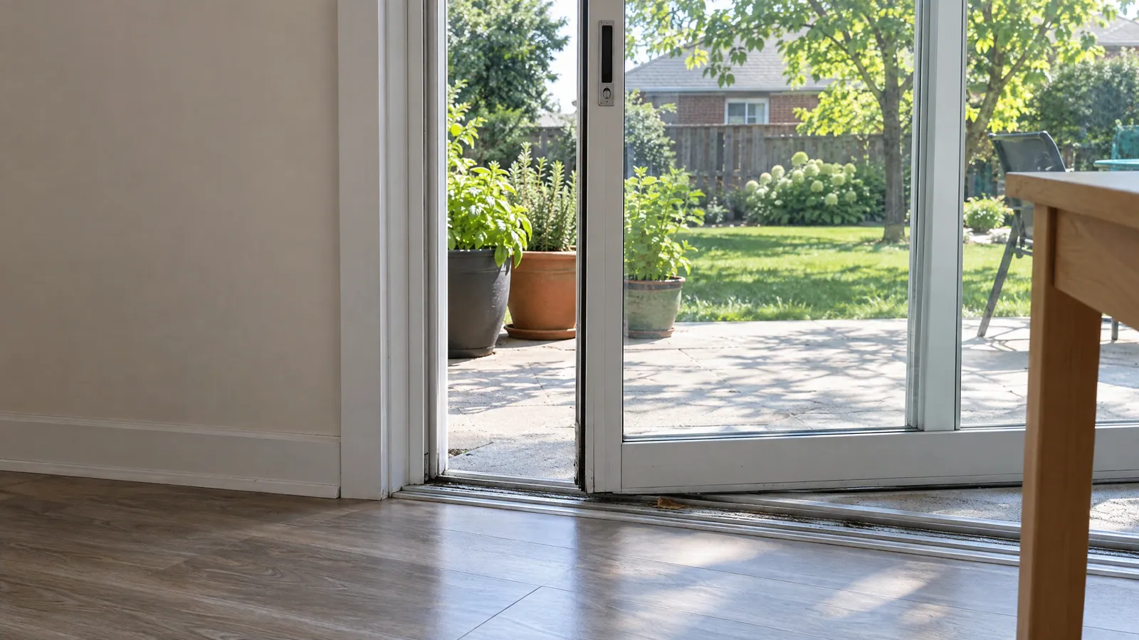 White sliding patio door open a hand's width onto a sunny patio, with grime and debris packed along the bottom track