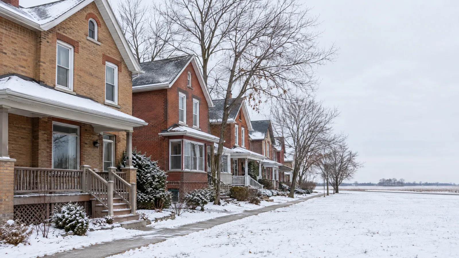 Snowy street of older buff and red brick homes with covered porches, a mix of wood and vinyl windows, and open fields beyond