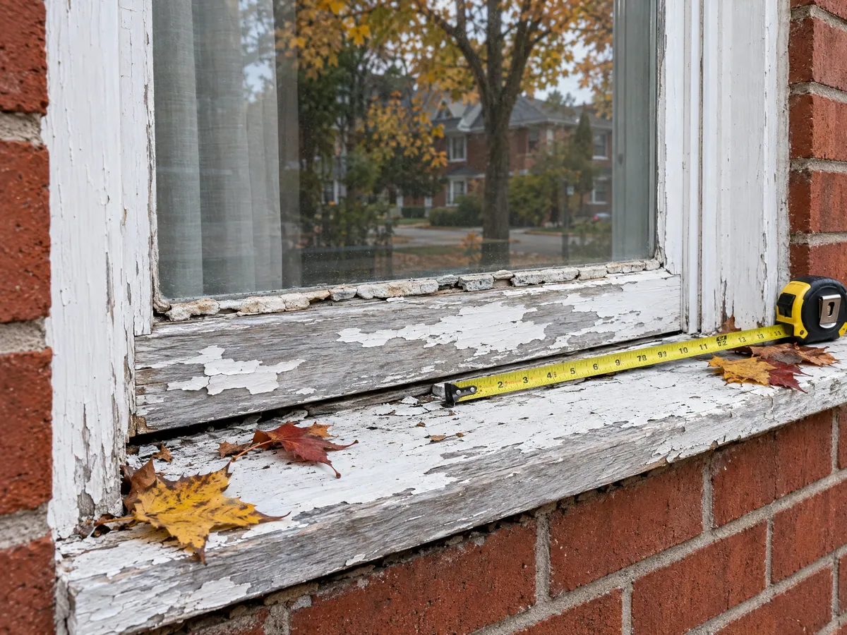 Street-facing wood window in a brick wall with peeling paint, cracked glazing putty and a tape measure on the weathered sill