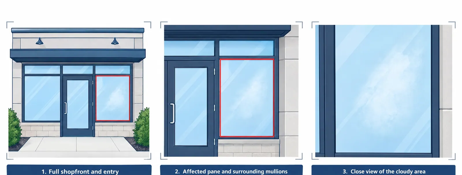 Three photos of one storefront: the full brick façade, a single display pane, and a close-up of cloudy glass at the frame edge