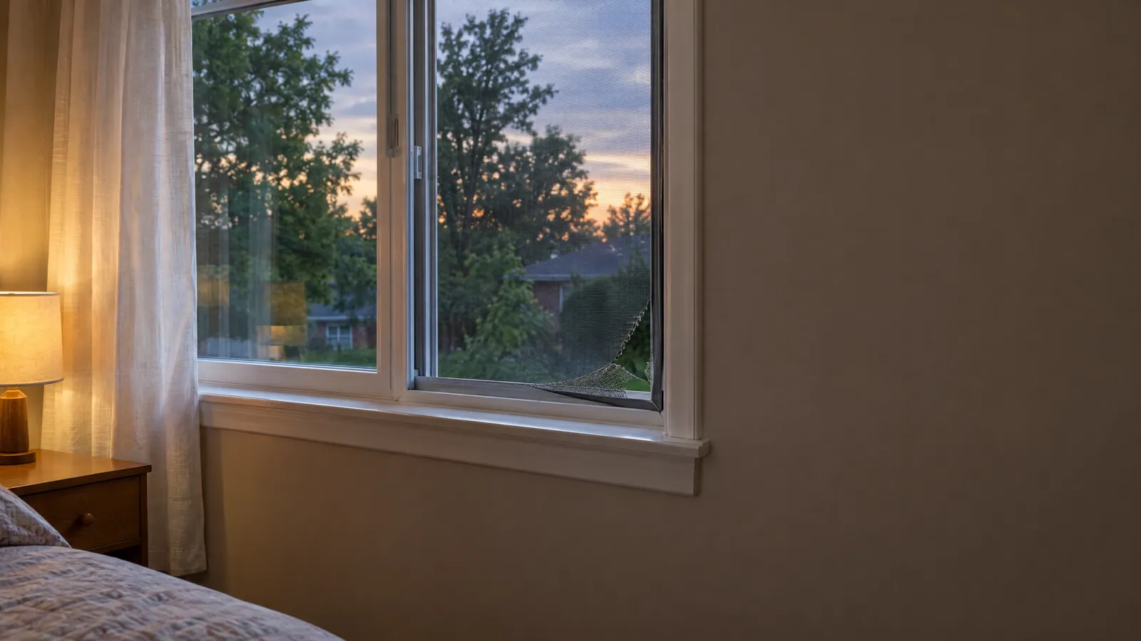 Open bedroom slider window at dusk, its charcoal screen torn and curling away from the frame at the lower corner