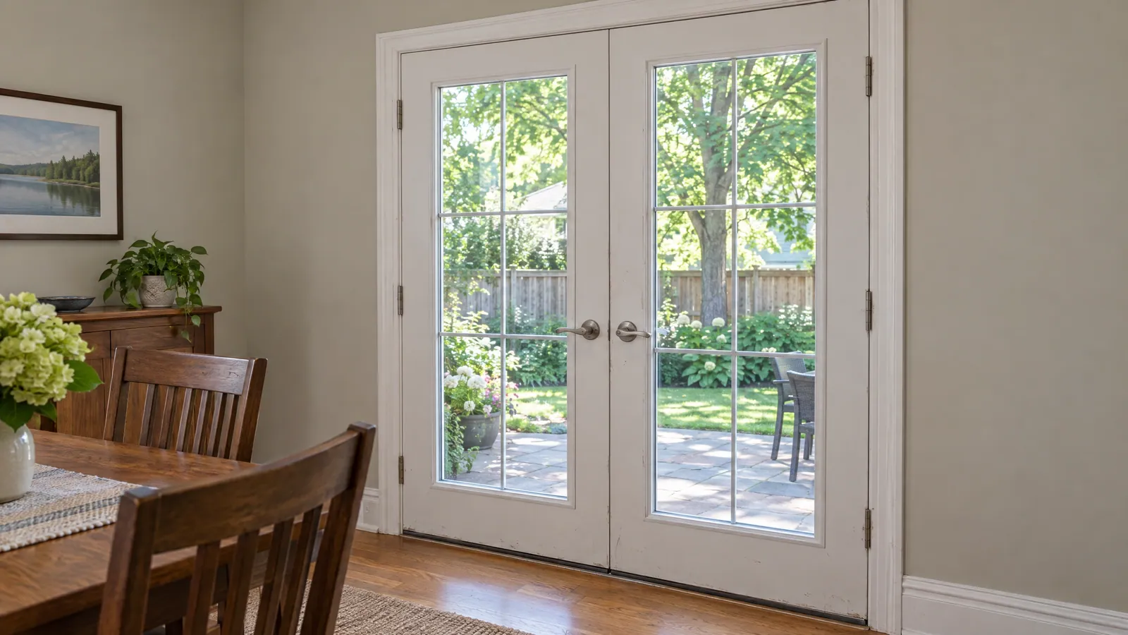 White French doors with six-lite grilles, seen from a dining room, opening onto a stone patio and a leafy garden