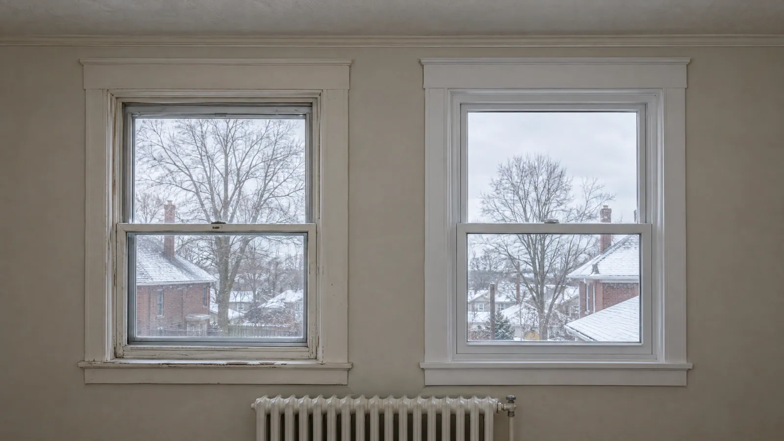 Old wood double-hung sash and a newer white vinyl double-hung side by side in an upstairs room