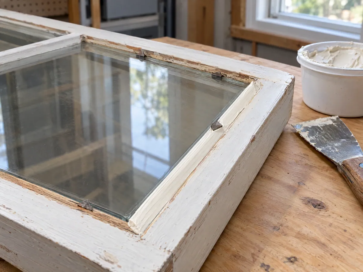 Old painted wood sash on a workbench with new glass held by glazier points and a fresh bevel of glazing compound, putty knife beside it